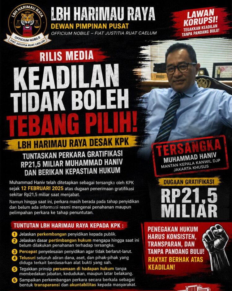 Keadilan Tidak Boleh Tebak Pilih! LBH Harimau Raya Desak KPK Tuntaskan Perkara Gratifikasi RP. 21,5 Milyar, Muhamma Haniv Berikan Kepastian Hukum
